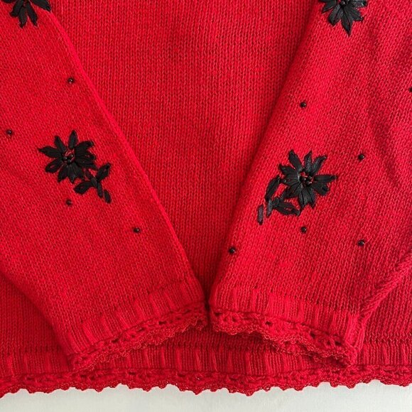 Studio Red & Black Floral Embroidered Lace Trim Knit Cardigan - Picture 5 of 7